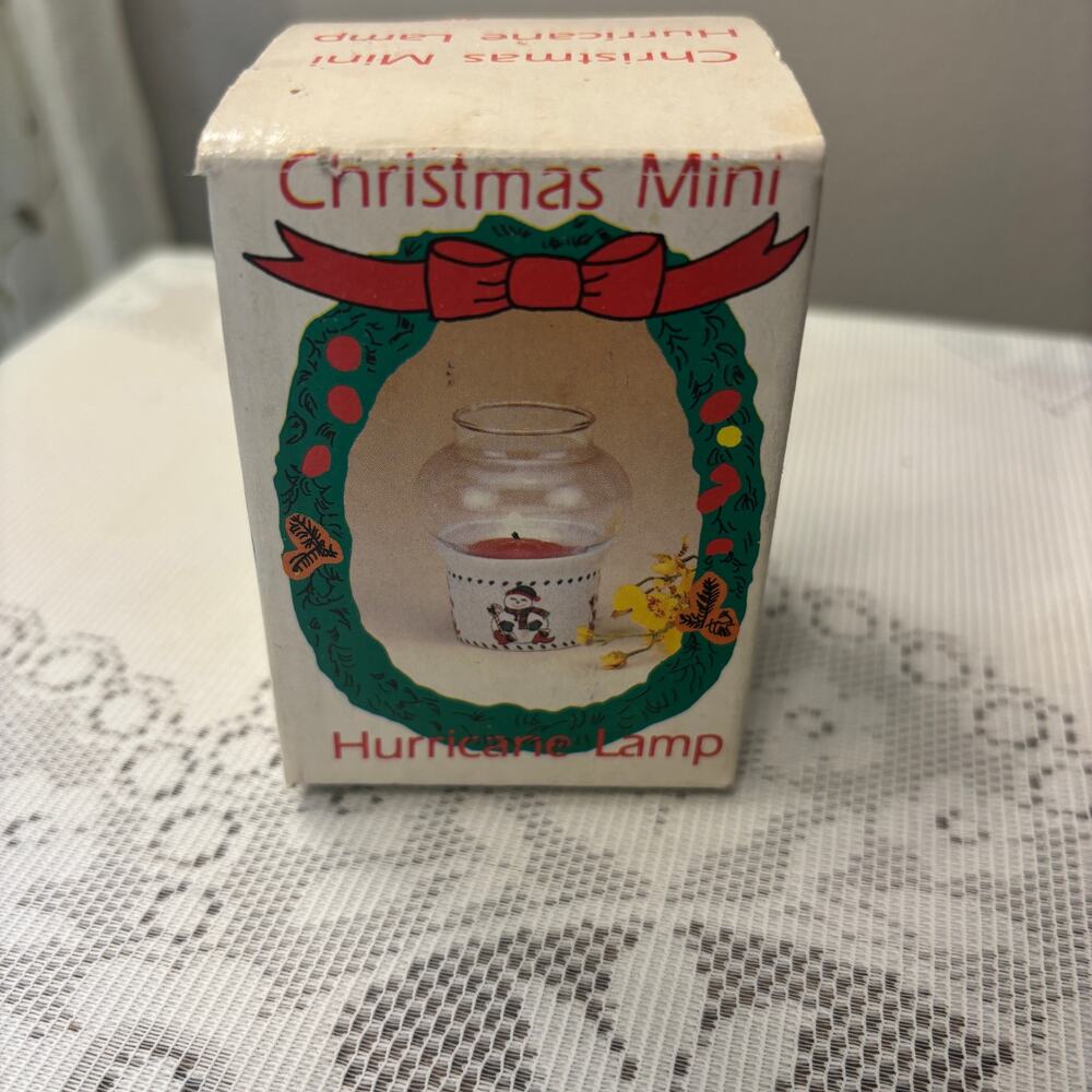 Vintage Christmas Mini Hurricane Lamp Original Box Taiwan Tree Scene Collectible